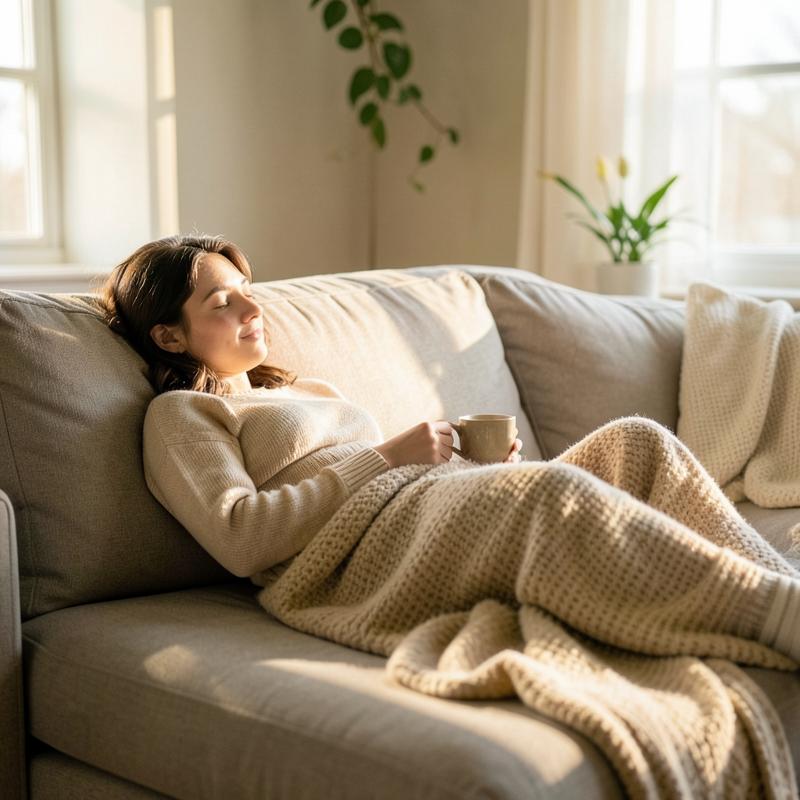 Person resting at home with a warm drink